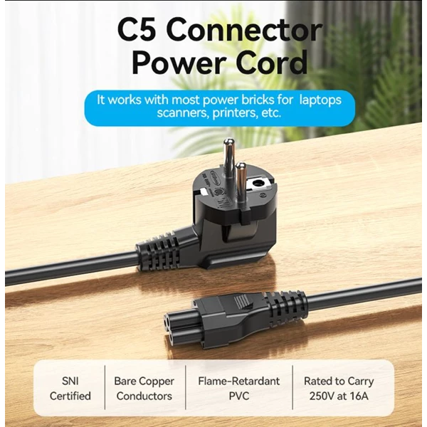 Vention Kabel Power Adaptor Charger C5 Konektor 3 Lobang - ZCH 1.8 Meter
