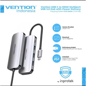 Vention USB C ke HDMI Multiport USB 3.0 Hub dengan Pengiriman Daya - THF dan atau THA